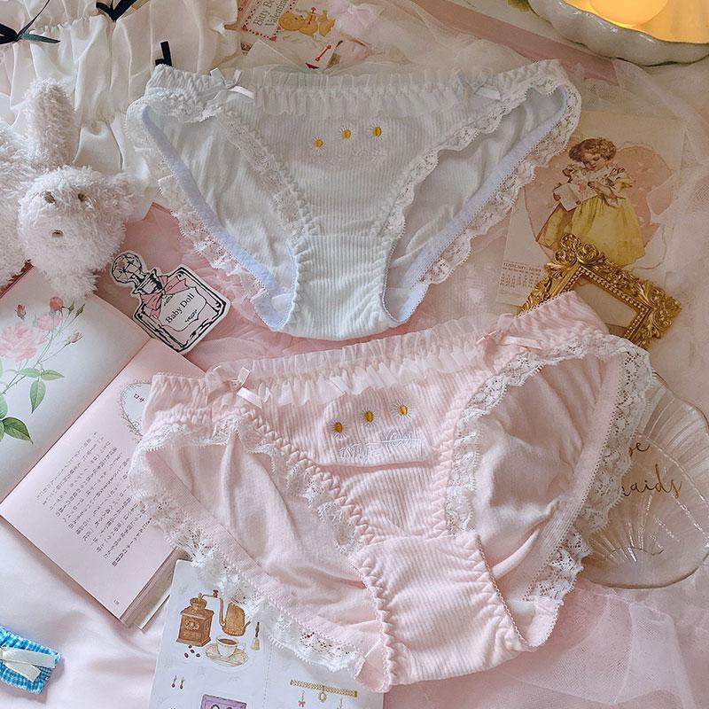 

New Japanese Soft Girl Cute Sweet Little Fresh Cotton Embroidered Daisy Lace Border Bowknot Panties Girl Harajuku Kawaii Women, Pink