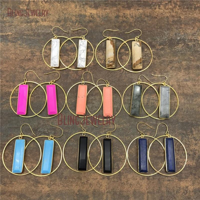 

Tribal Gypsy Gold Hoop Earrings Blue Pink White Turquoises Howlite Bar Pendant Earrings ER20478