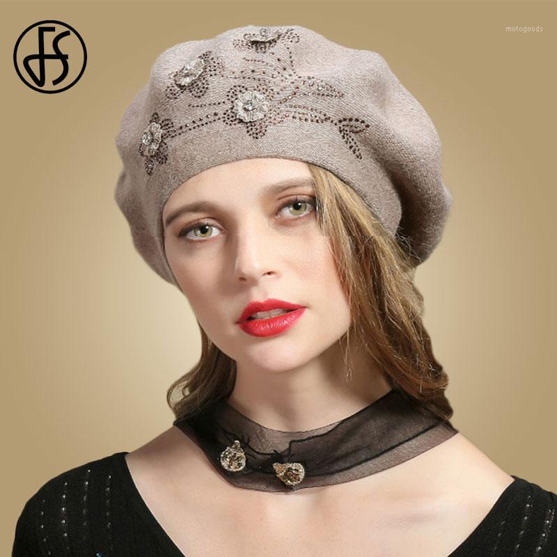 

FS Fashion Black Women Beret Hat For Winter Wool Cap Female Knitted Autumn Rhinestone Flower French Hats Gray Beanie1