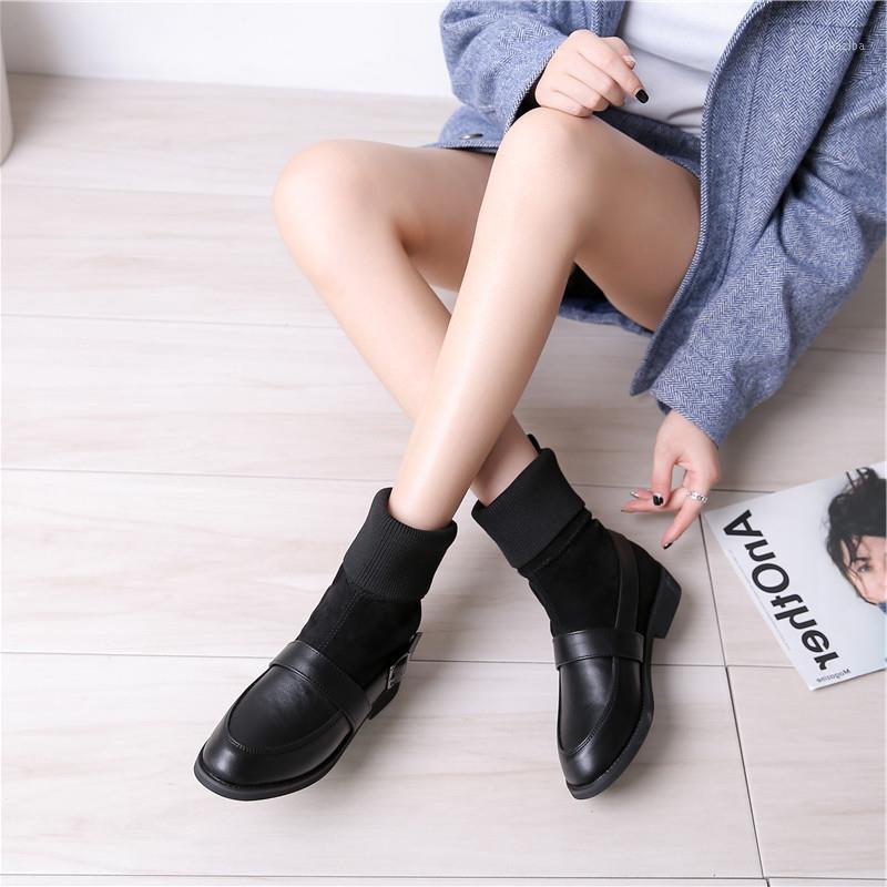 

Autumn & Winter Women's Shoes Stretch Boots Female Flat Heels Patchwork Knitting Buckle British Style Women's Ankle Boots1, Black matt