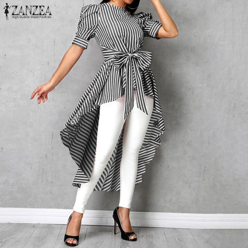

Fashion Asymmetrical Tops Women's Striped Blouse 2020 ZANZEA Summer Puff Sleeve Shirts Female High Low Bowknot Blusas Plus Size Y200623, B black