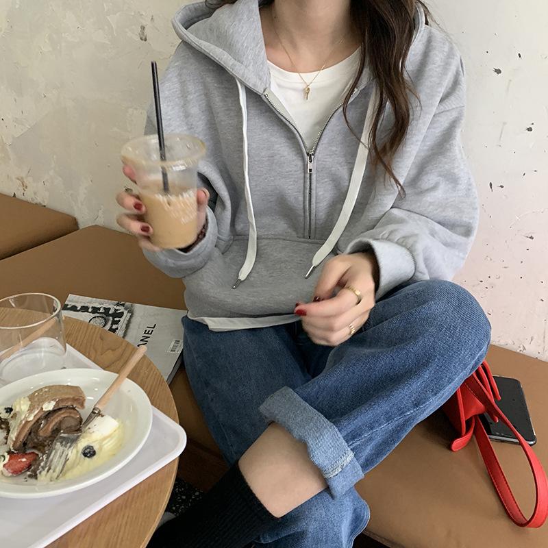 

Pure Cotton Half Zipper Hooded Short Sweater Women Solid Color 2020 New Winter Korean Splicing Loose Leisure Versatile Pullover, Blue