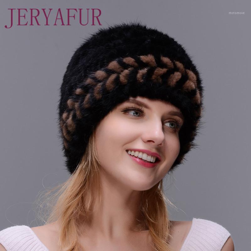 

JINBAOSEN Frauen Winter Dicke Warme Cap Echt Nerz Pelz Hüte für Gestrickte Nerz Pelz Pom Poms Beanies mit Fuchs ball Marke1, Color1