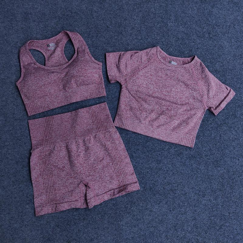 

Seamless Yoga Set 3set Fitness Sports Bras Suits Gym Clothing Top Short Sleeve High Waist Run Yoga Leggings Workout Pants, Short sleeve wine