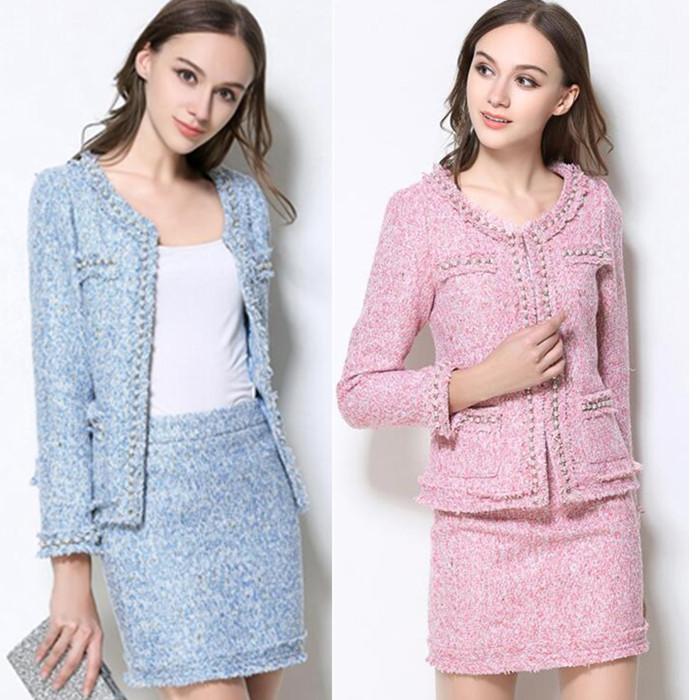

Two Piece Dress Skirt Suits Women Runway Designer Elegant Office Lady Formal Tweed Wool Blazer Jacket Mini 2 Sets 2021 Autumn Winter, Blue