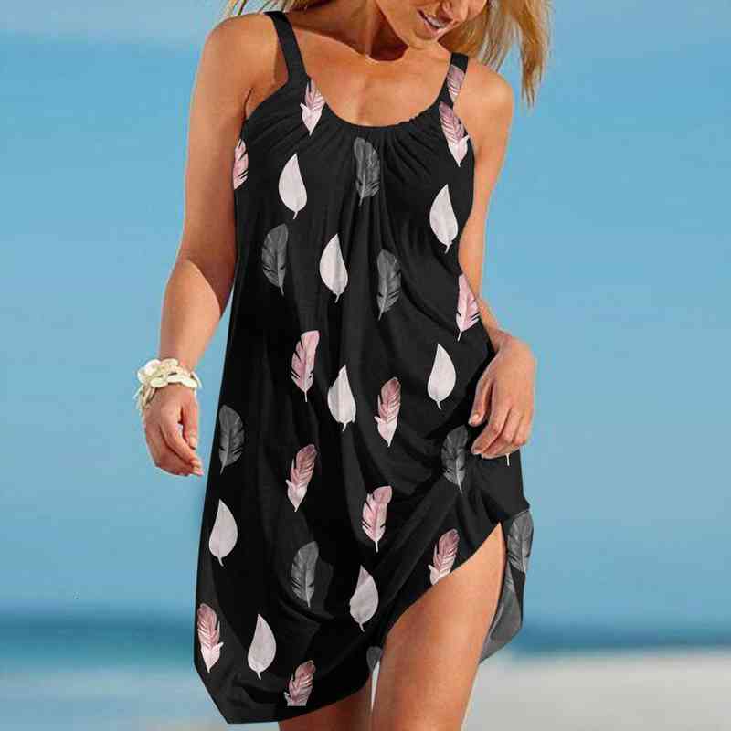 

summer feather short beach dress womens fashion sleeveless cute cartoon print hem loose beach dress holiday, Black;gray