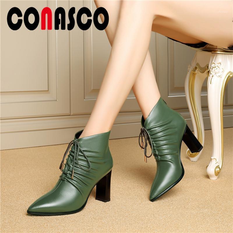 

CONASCO Women Ankle Boots Fashion Elegant Office Lady Genuine Leather Autumn Winter Lace-Up Pointed Toe Pleated High Heels Boots1, Black