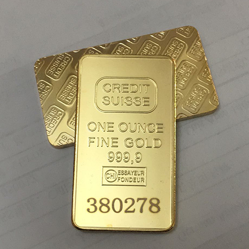 

10 pcs Non Magnetic CREDIT SUISSE ingot 1oz Gold Plated Bullion Bar Swiss souvenir coin gift 50 x 28 mm with different serial laser numbergh