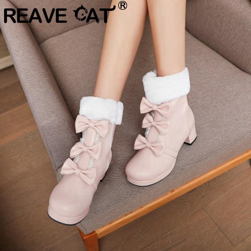 

REAVE CAT New Fur Ladies Ankle Boots Sweet Cosplay Lolita Uniform Round Toe 5cm Square Heels Zip Bowtie Colorful Size 48 A3294, Black velevet
