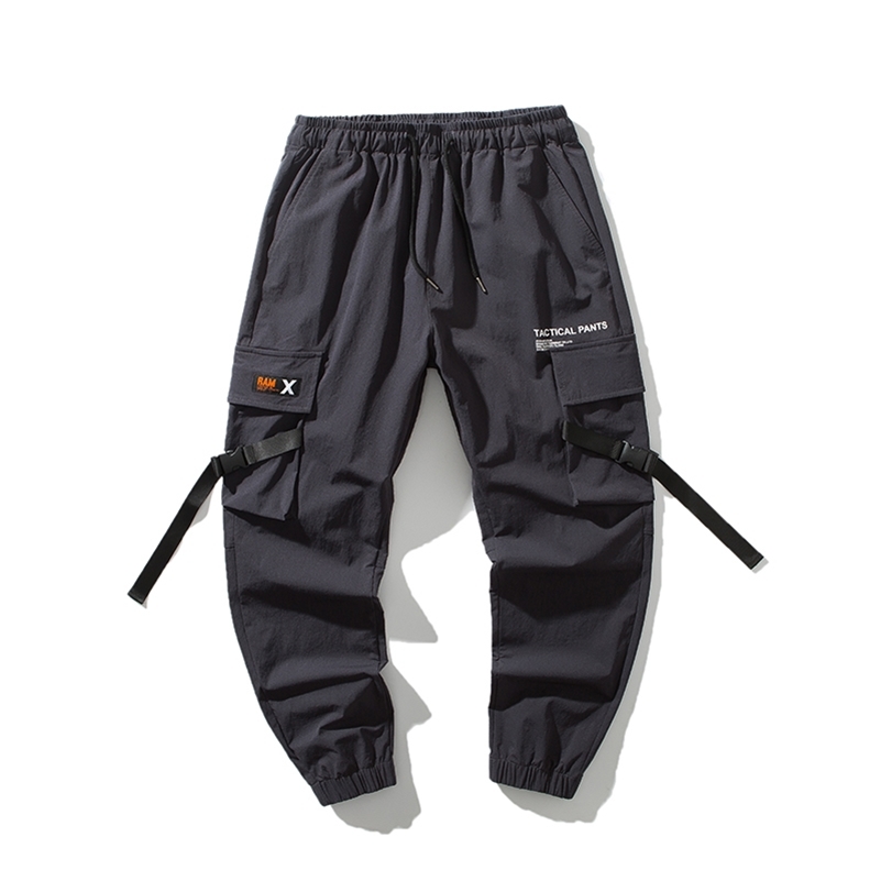 

CHAIFENKO Hip Hop Cargo Pants Men Fashion Harajuku Harem Pant Streetwear Casual Joggers Multi-Pocket Ribbons Tie feet Men Pant 201110, Dark grey