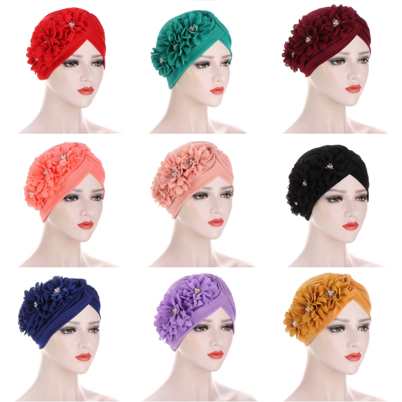 

Women Flowers Ruffle Turban Caps Muslim Elastic Pearls Headscarf Bonnet Ladies Hair Accessories Indian Cap 20220104 T2, Multi