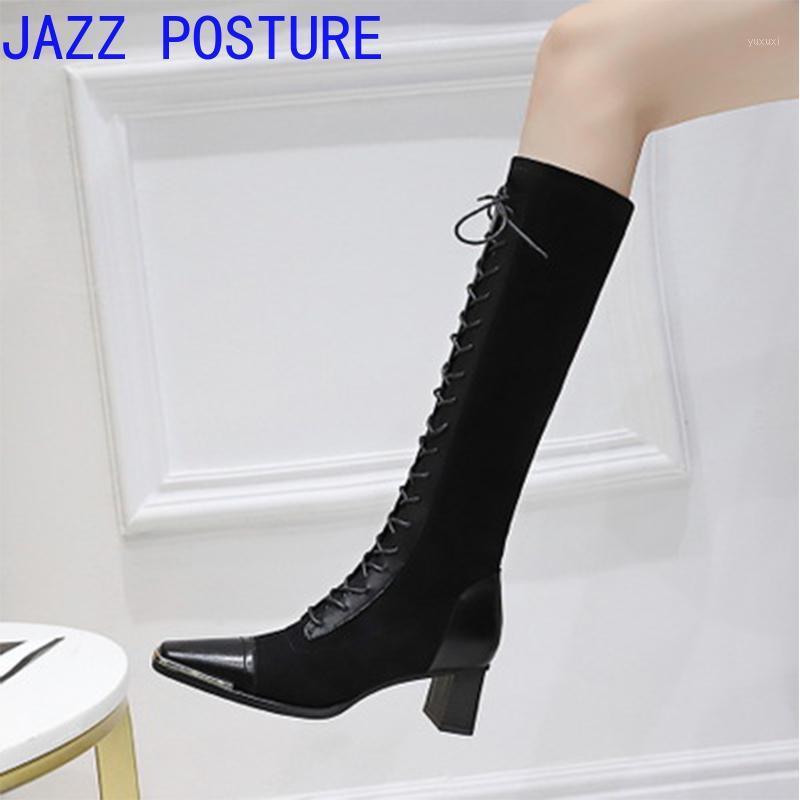 

Retro fashion thick heel high heel metal square head suede stitching cross strap lace high boots a271, Shanli