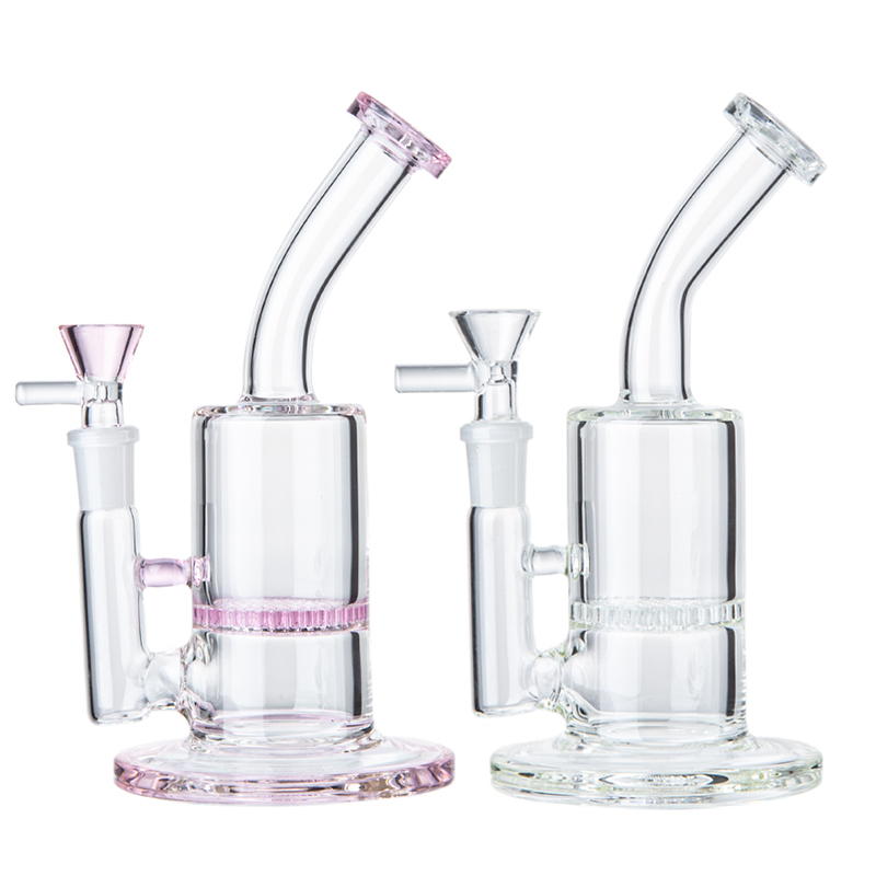 

Pink Glass Bong 8 Inch Hookahs 5mm Thick Dab Rig Water Pipe Bowl Beecomb Showerhead Perc Bongs Heady Mini Pipe Wax Oil Rigs Smoking Bent Tube LXMD21401