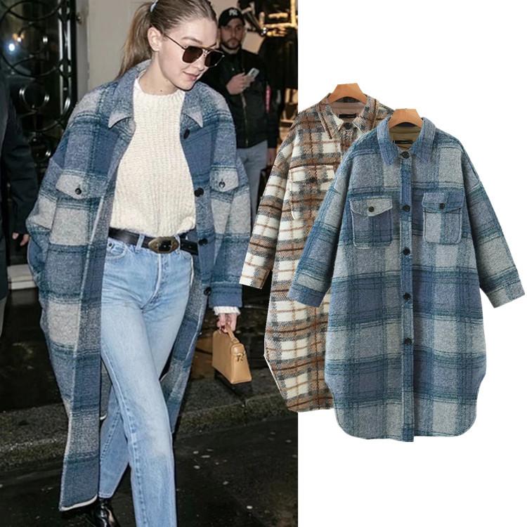 

Autumn Winter Loose Long Plaid Shirt European And American Single-Breasted Trench Coat Woolen Jacket Casual Blue Woolen Coat, Purple