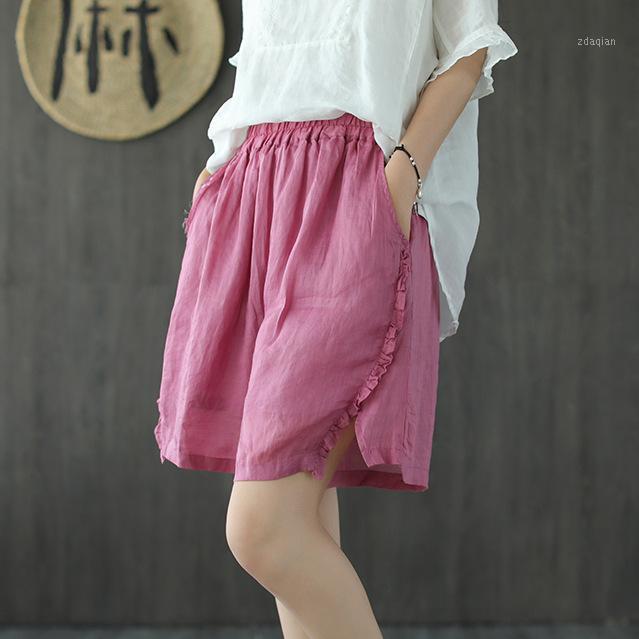 

Fine ramie hand embroidered side side slit shorts skirt female summer new wide leg hot shorts22591, Sky blue