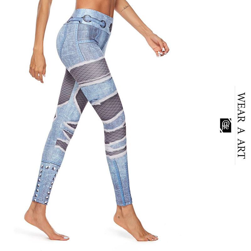 

Womens Twisted Denim Leggings Female Hips Yoga Pants Digital Printed Pants Lady Tummy Control Compression Seamless High Waist Sportwear New, Blue