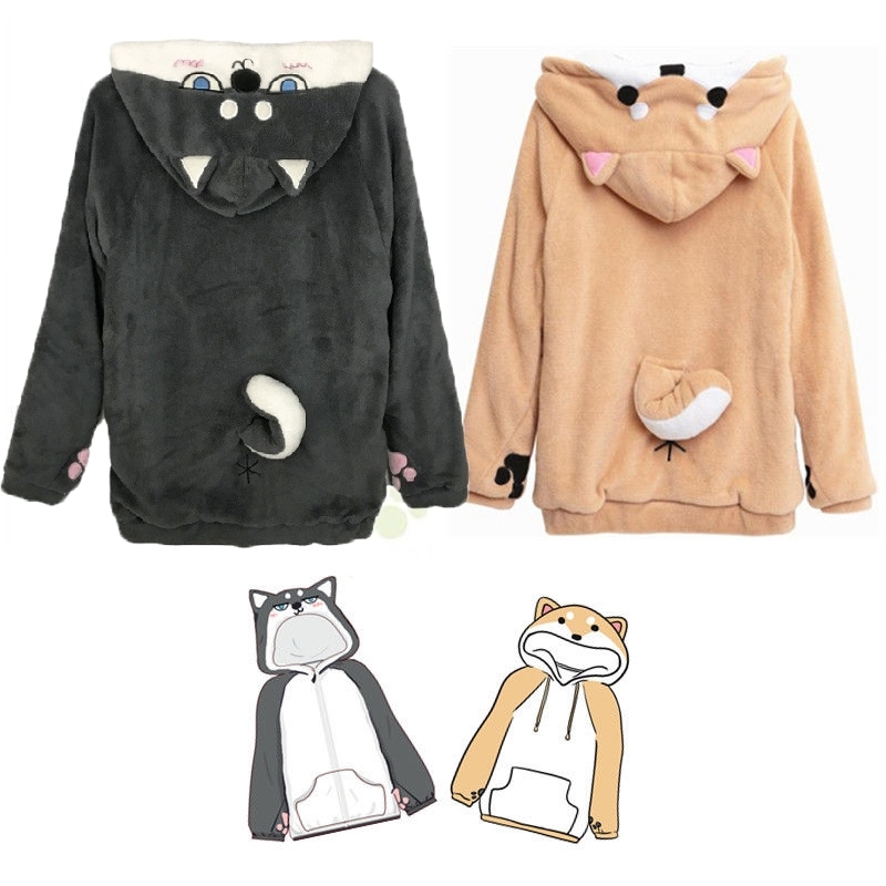 

Doge Muco Women Hoodie Cute Shiba Inu Animal Hooded 3D Ear and Tail Husky Sweatershirt Autumn Winter Warm Casual Coat Pullover Y200706, Khaki