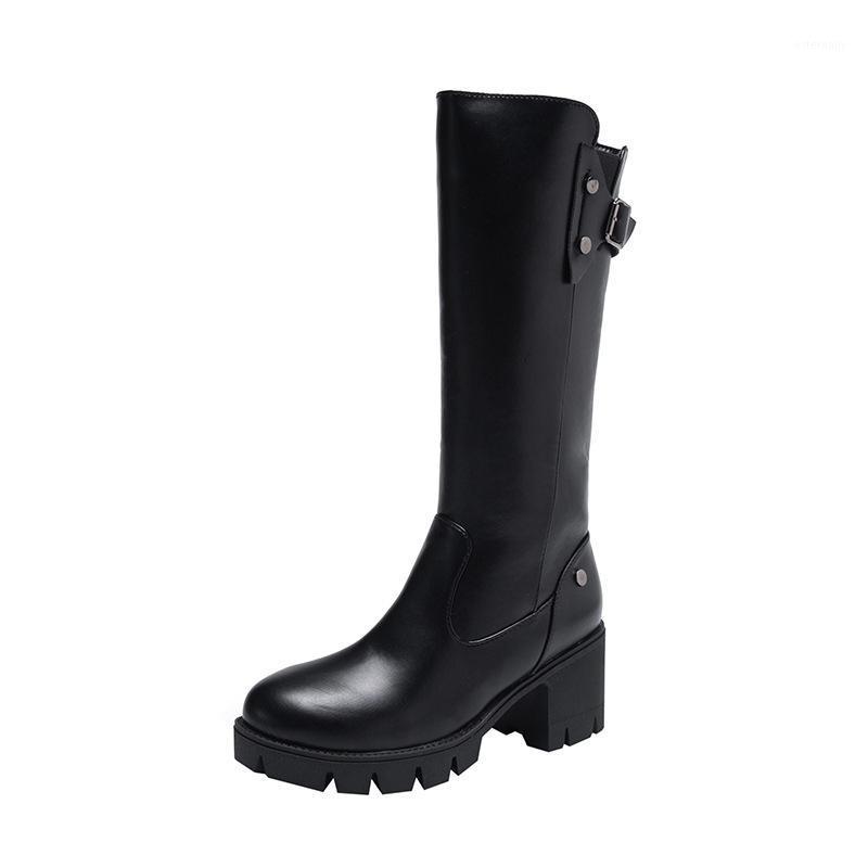 

New Winter Women's Long Tube Boots 2020 Flat-bottomed Fashion Square Toe Back Zipper Thick Heel Undefined Middle Heel Big Size1, Black