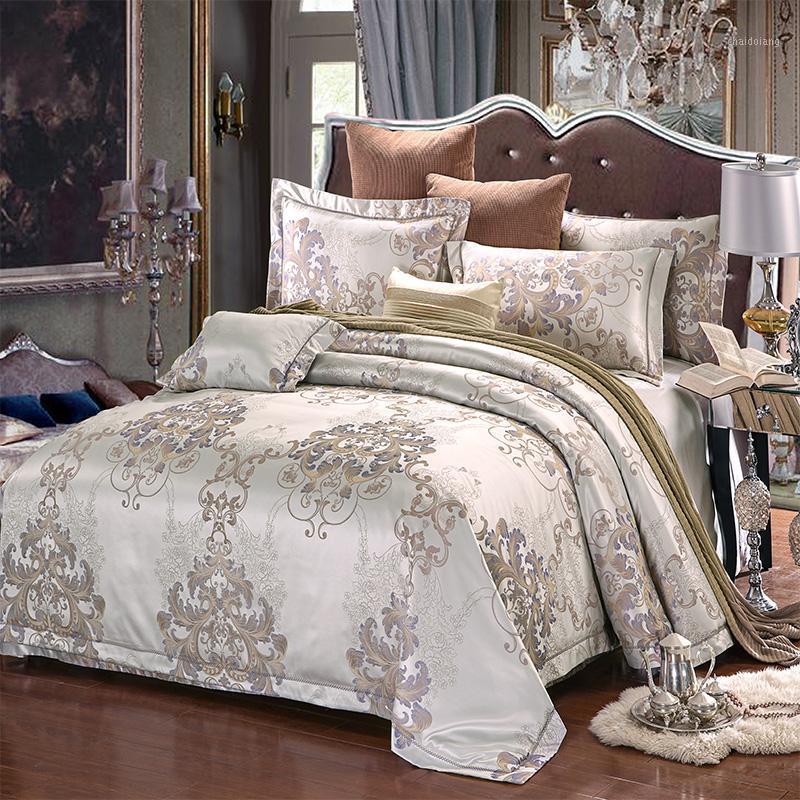 

New Luxury Jacquard Color Silk Cotton satin Bedding Set Classic Bed set Duvet cover Bed sheet Pillow case  King 4 Pcs1, Trj4