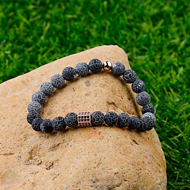 

Russian French Fashion Men's Bracelet Black Natural Stone Alabaster Beaded Cylindrical Zircon Decorative Bracelet 2020