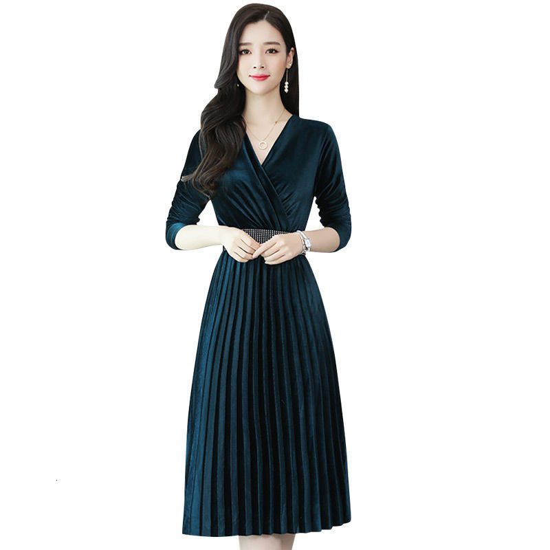 

Spring New Golden Velvet Retro-fashionable Women with V-cleavage of Elegant Female Long Sleeve Plus Size Dress R867 Ojw1, Green