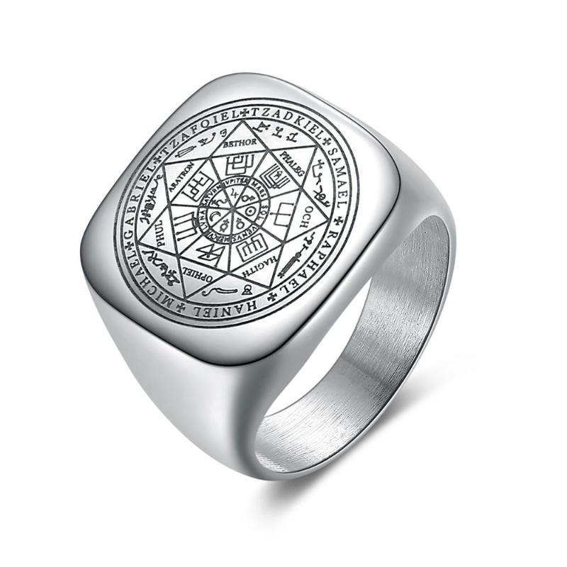 

Solomon Rings for Men Silver Color Magic Runes Stainless Steel Signet Rings Pagan Amulet Male Jewelry