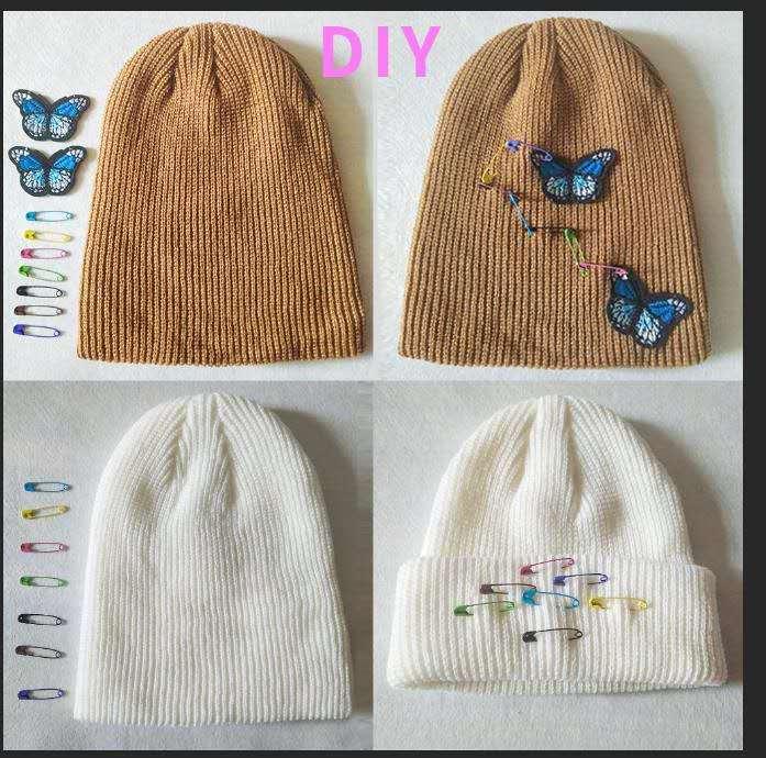 

DIY Hand Make Knited Beanie Woman Man Girl Boy Elastic Cap Colorful Pins Butterfly Hat Cool Fashion Street Hat