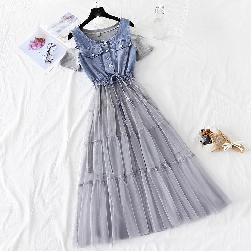 

Tulle Denim Summer Dress Tunic Women Casual Bandage Sexy Off Shoulder Loose waist Big swing Two-piece set Dress, Black
