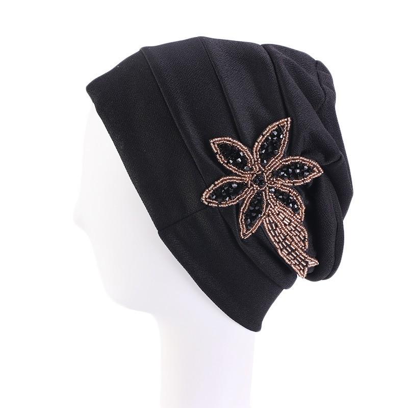 

Fashion Ethnic Style Ladies Baotou Caps Muslim Beaded Flower Headscarves Hats Hair Loss Caps India Beanies Chemotherapy, Beige