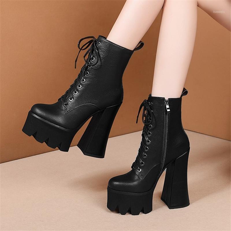 

PXELENA Gothic Punk Rock Boots Women 15CM Chunky Block High Heels Platform Genuine Leather Motorcycle Boots Autumn 2020 Shoes 401, Black