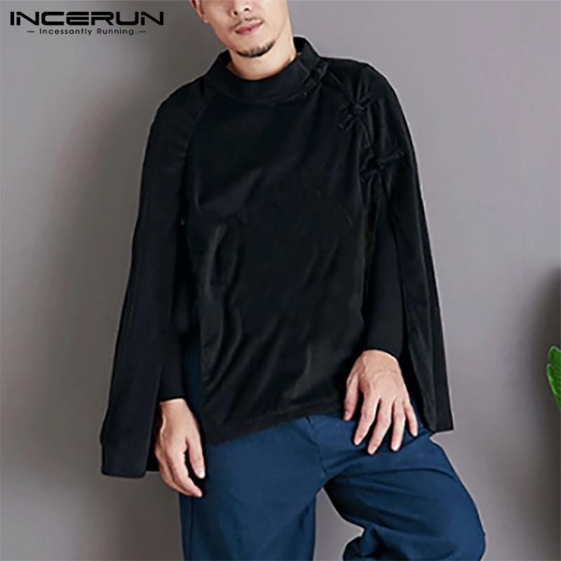 

INCERUN Men Shirts Cloak Loose Irregular Chemise Solid Color Stand Collar Capes Vintage Chinese Style Buttons Poncho Blouse 5XL7, Black
