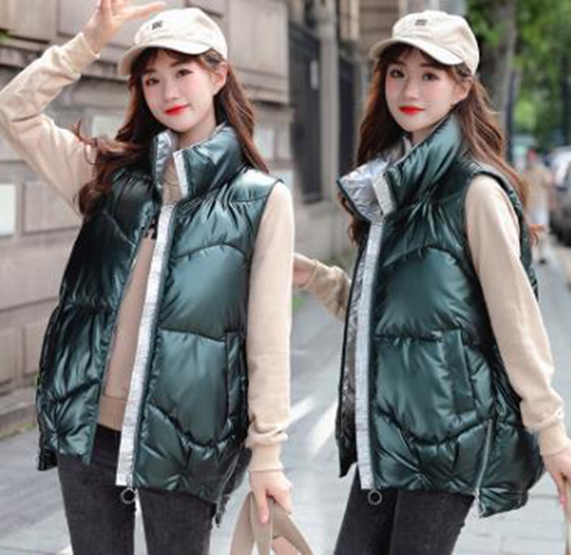 

Wholesale fashion new style women's fall/winter short stand collar thickened shiny down cotton vest, Gray