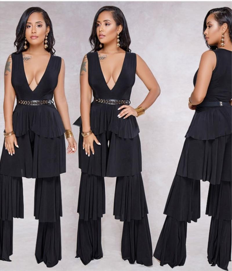 

Women's Jumpsuits & Rompers 2021 Arrival Summer Women Ruffles Jumpsuit V-Neck Black Pink Celebrity Party Bodycon Bandage