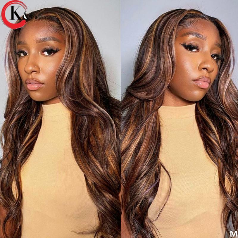 

KUNGANG Highlight T-part Middle Part Lace Front Human Hair Wigs Wave 150% Density Lace Wigs With Baby Hair Ratio Non-Remy, As pic