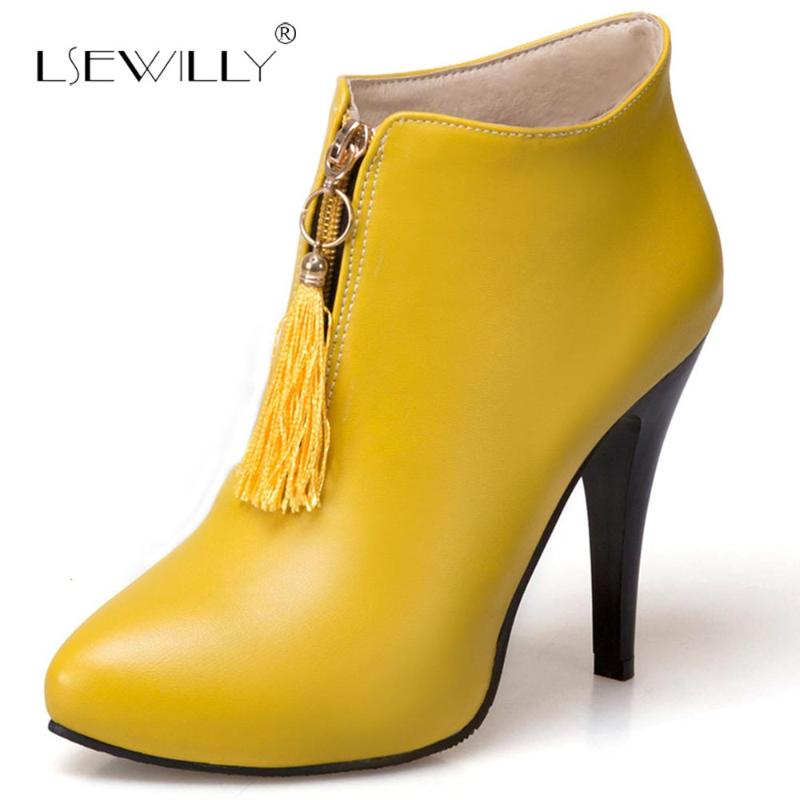 

Lsewilly Fashion Pointed Toe Stiletto Chain Tassel Ankle Boots Female Yellow Black Plus Size High Heels Short Boot Lady S480, White