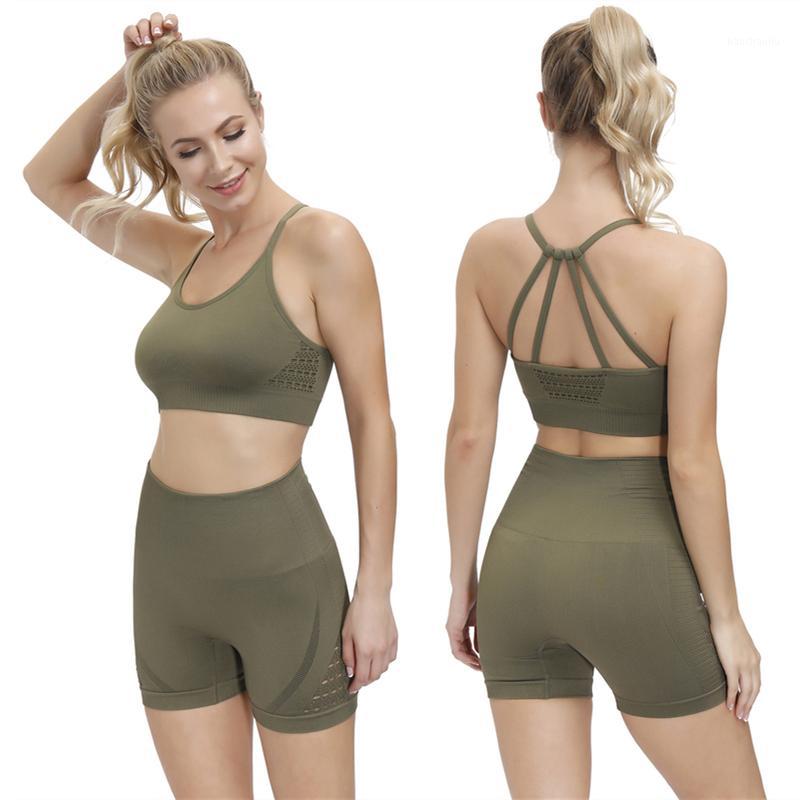 

Seamless Summer Sport Set Women Green Hollow Two 2 Piece Crop top Sport Bra Shorts Yoga Sportsuit Workout Outfit Fitness Gym Set1, Green shorts
