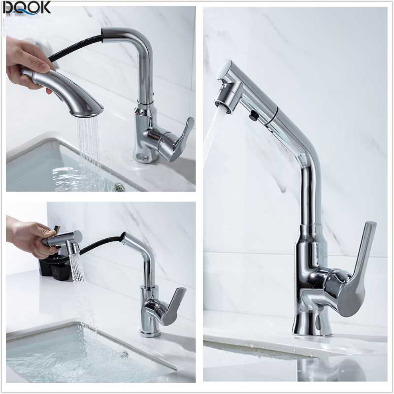 

DQOK Bathroom Basin Faucet Single Handle Single Hole Mixer Tap Pull Out Deck Mounted Hot And Cold Tap Sink Brass Faucet