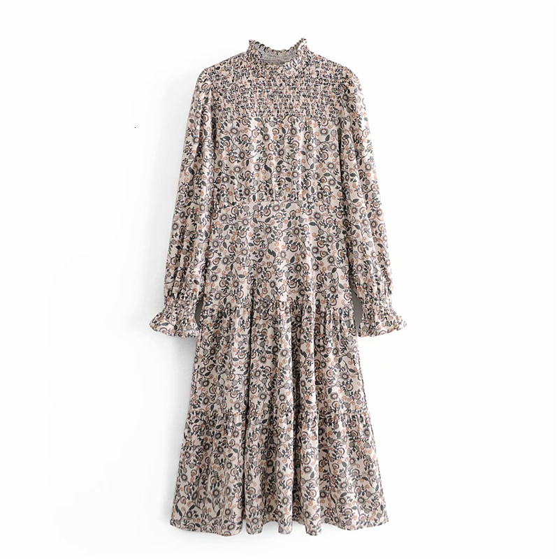 

2021 New Vintage Women Floral Print Es Fashion Ladies Stand Collar Long Elegant Female Lantern Sleeve A-line Vestidos Iwyf, Multi