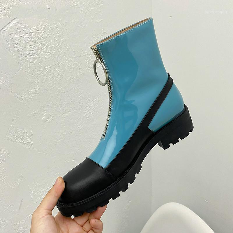 

2020 New Brand Design Women Genuine Leather Ankle Boots Autumn Winter Party Basic Shoes Woman Front Zipper Round Toe Short Boots1, Sky blue