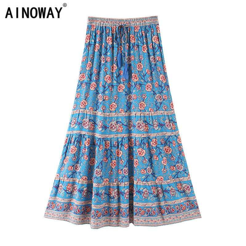 

Summer fashion vintage chic women floral print beach Bohemian skirt High Elastic Waist rayon A-Line Boho Maxi Skirts Femme, Blue