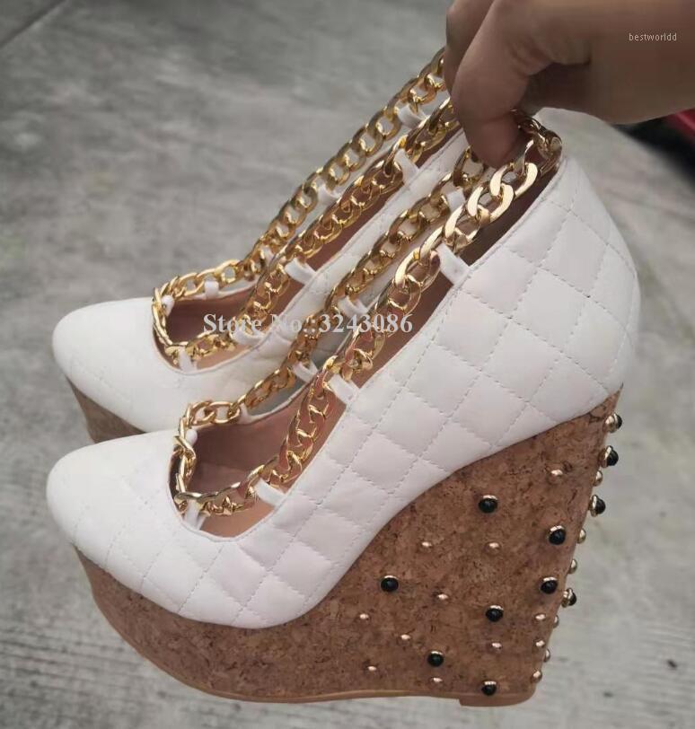 

New Design Gold Chains White Leather Platform Wedge Shoes Women Elegant Jewelry Decor Rivets Pumps Lady Fashion Single Shoes1