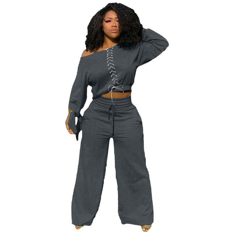 

Womens Two Piece Pants Solid Color Bandge Tshirt Wide Leg Pants Sets Fashion Casual Suit Female Clothing, Black