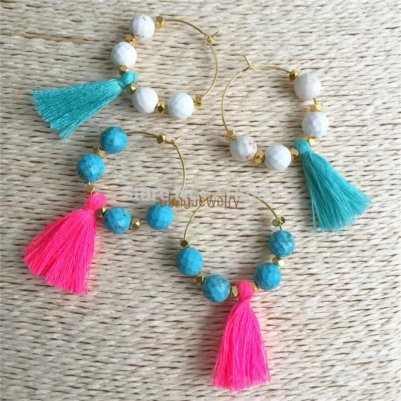 

E16060701 Howlite Beads Big Hoop Earrings For Women Small Cotton Tassel Earrings