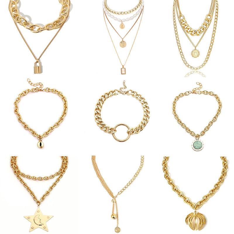 

Punk Multi Layered Pearl Choker Necklace EXaggerated Cuban Gothic Thick Chain Choker women Mary Coin Pendant Necklace Jewelry