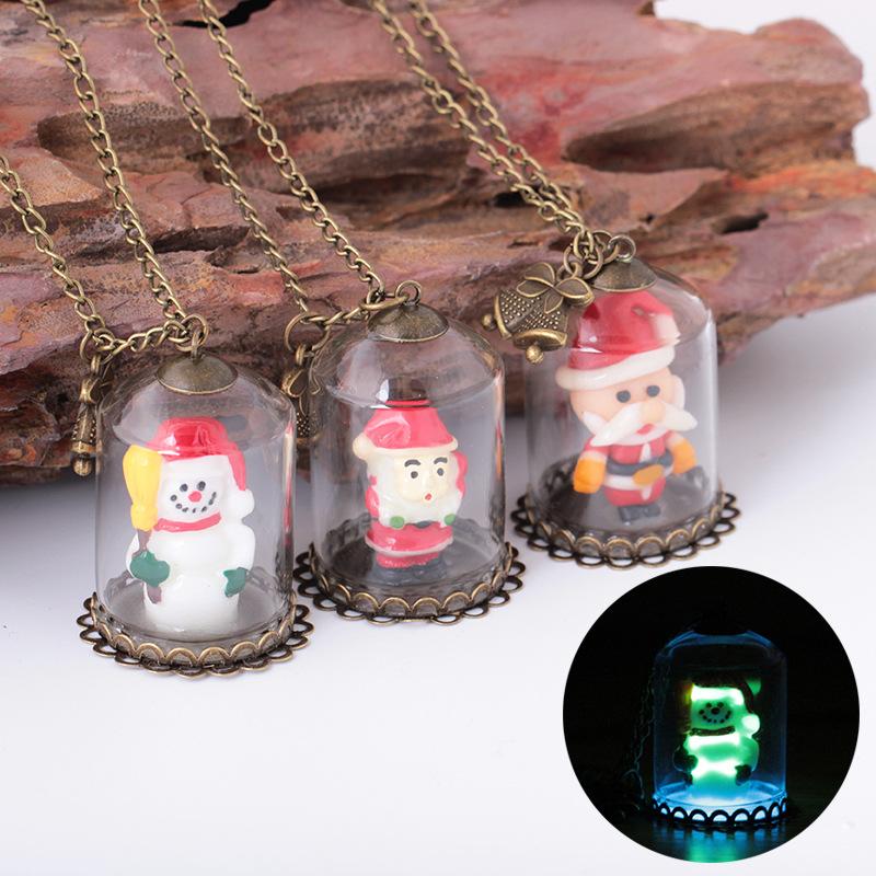 

Glow in the Dark Jewelry with Bronze Plated Glass Wish Bottle Snowman Pattern Choker Long Pendant Necklace for Christmas Gift