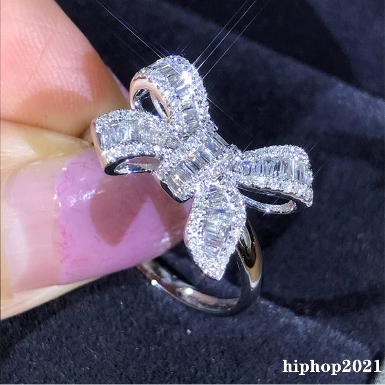 

Fashion Bow Ladder Diamond Ring 925 Sterling Silver Plated T Princess Cut White Topaz CZ Butterfly Wedding Ring Gift For Women