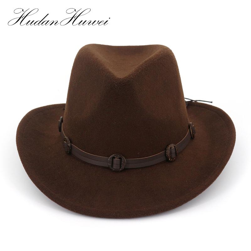 

European US Wide Brim Woolen Felt Jazz Panama Hat Western Cowboy Cowgirl Hats with Leather Decorated Trilby Fedora for Men Women, Black