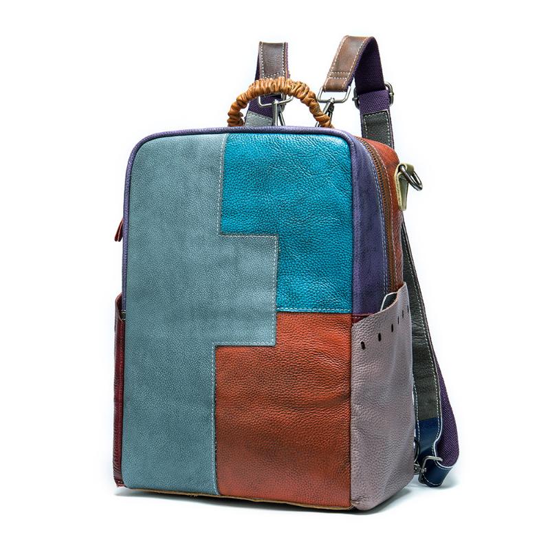 

Middle Capacity Patchwork Cow leather backpack college school student bookbag casual travel bag durable lightweight daypack Blue, Muiticolor