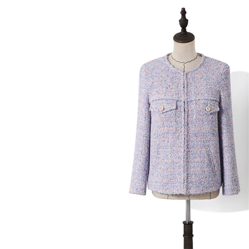 

Handmade Luxury Wool Jacket for Women Vintage O Neck Purple Tweed Covered Button Short Coat, Lavender