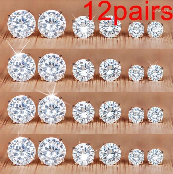 

6/12 Pairs Classic Fashion Color CZ Stud Earrings for Women Crystal Zircon Studs Earring Mens Jewelry Wholesale1